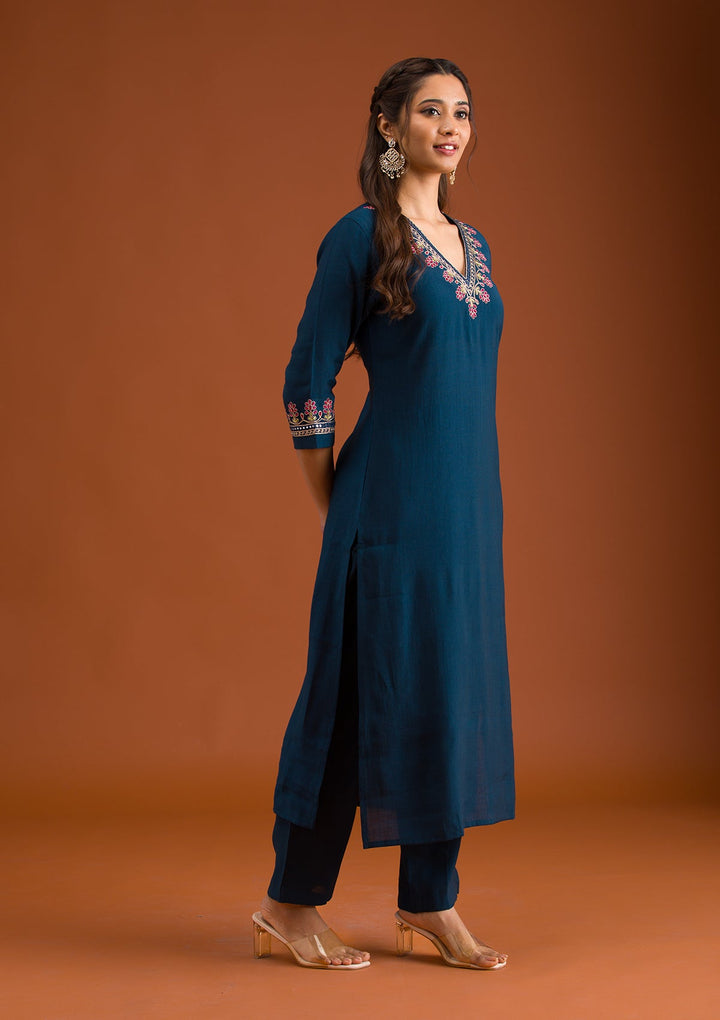 Navy Blue Zariwork Tissue Readymade Salwar Suit-Koskii