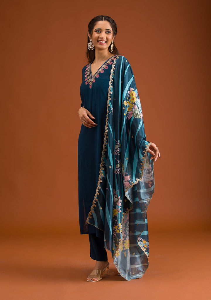 Navy Blue Zariwork Tissue Readymade Salwar Suit-Koskii