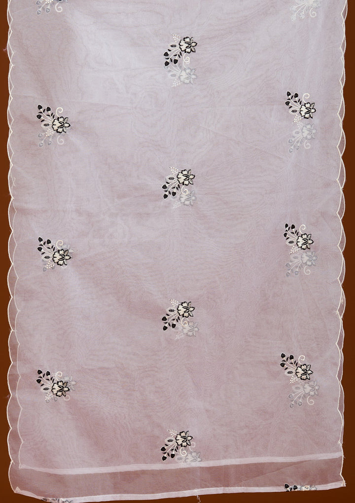 Off White Threadwork Semi Crepe Readymade Salwar Suit-Koskii