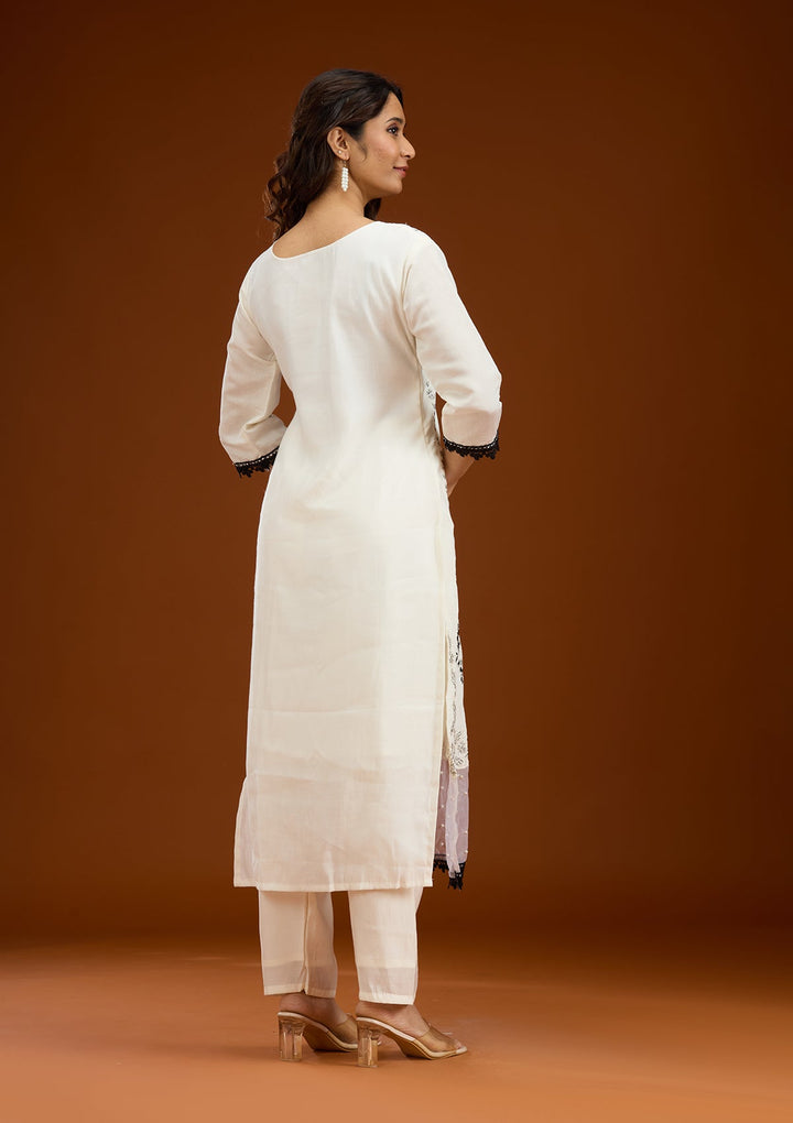 Off White Threadwork Semi Crepe Readymade Salwar Suit-Koskii
