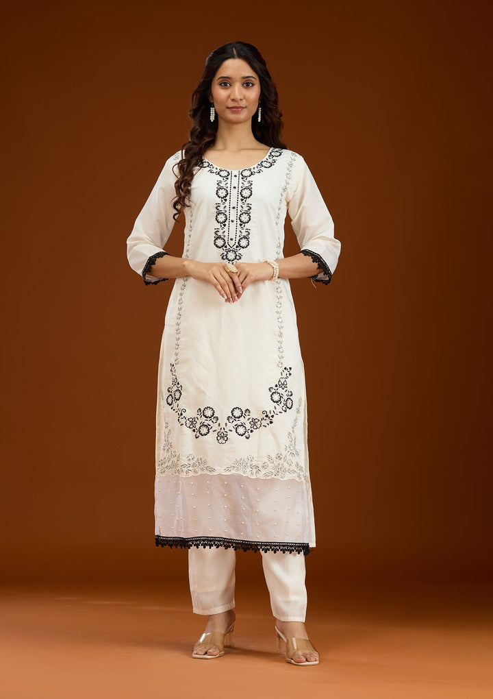 Off White Threadwork Semi Crepe Readymade Salwar Suit-Koskii