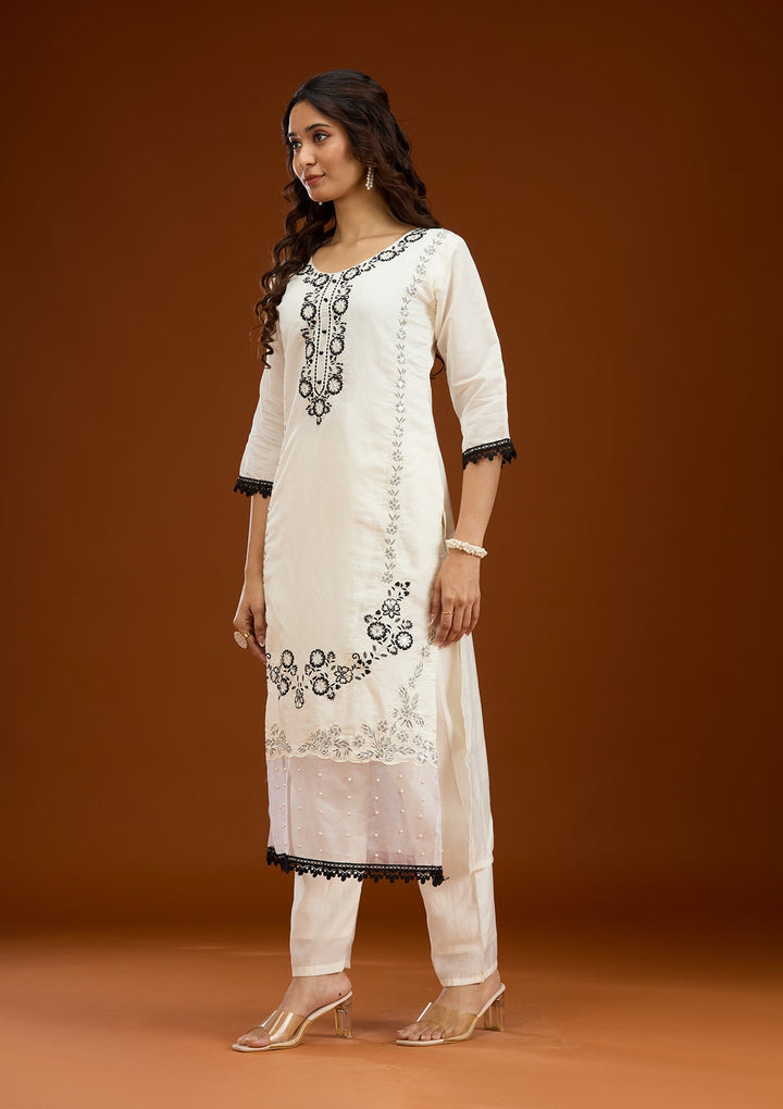 Off White Threadwork Semi Crepe Readymade Salwar Suit-Koskii