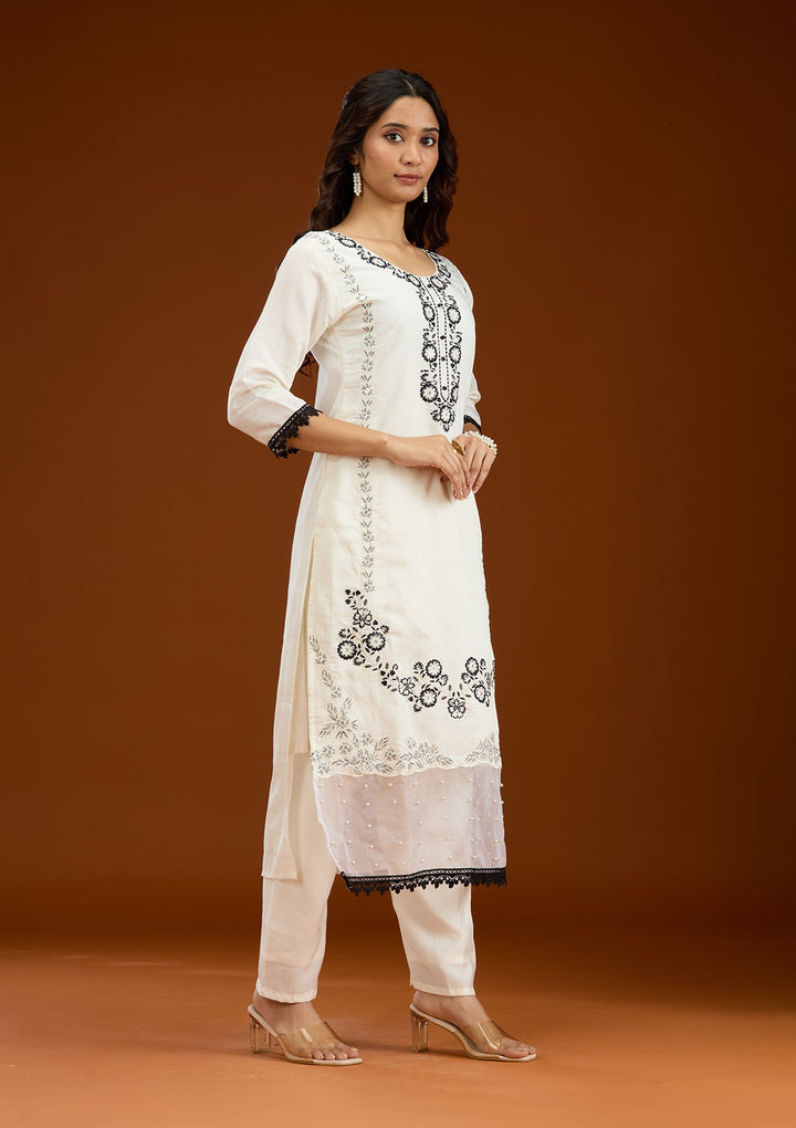 Off White Threadwork Semi Crepe Readymade Salwar Suit-Koskii