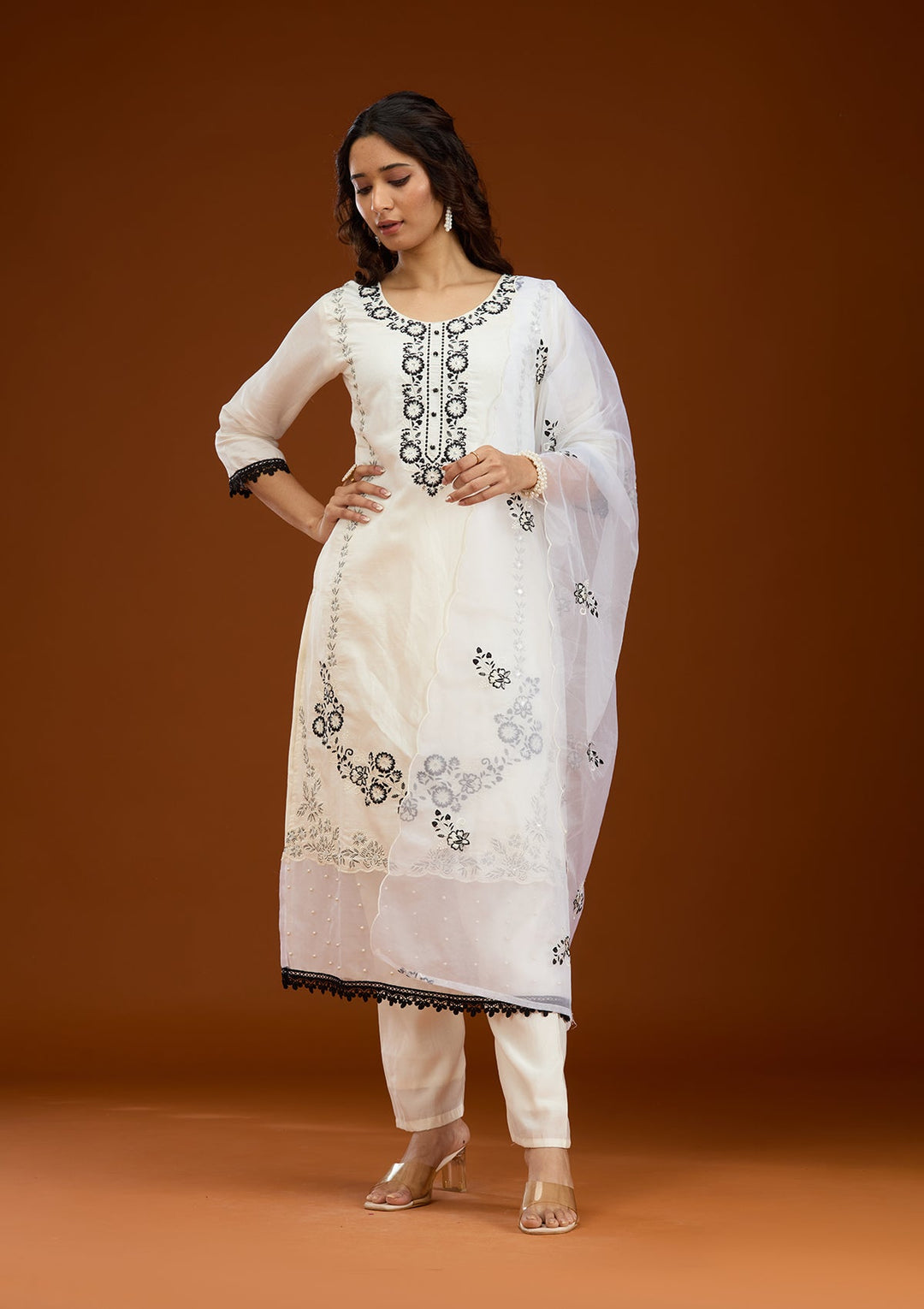 Off White Threadwork Semi Crepe Readymade Salwar Suit-Koskii