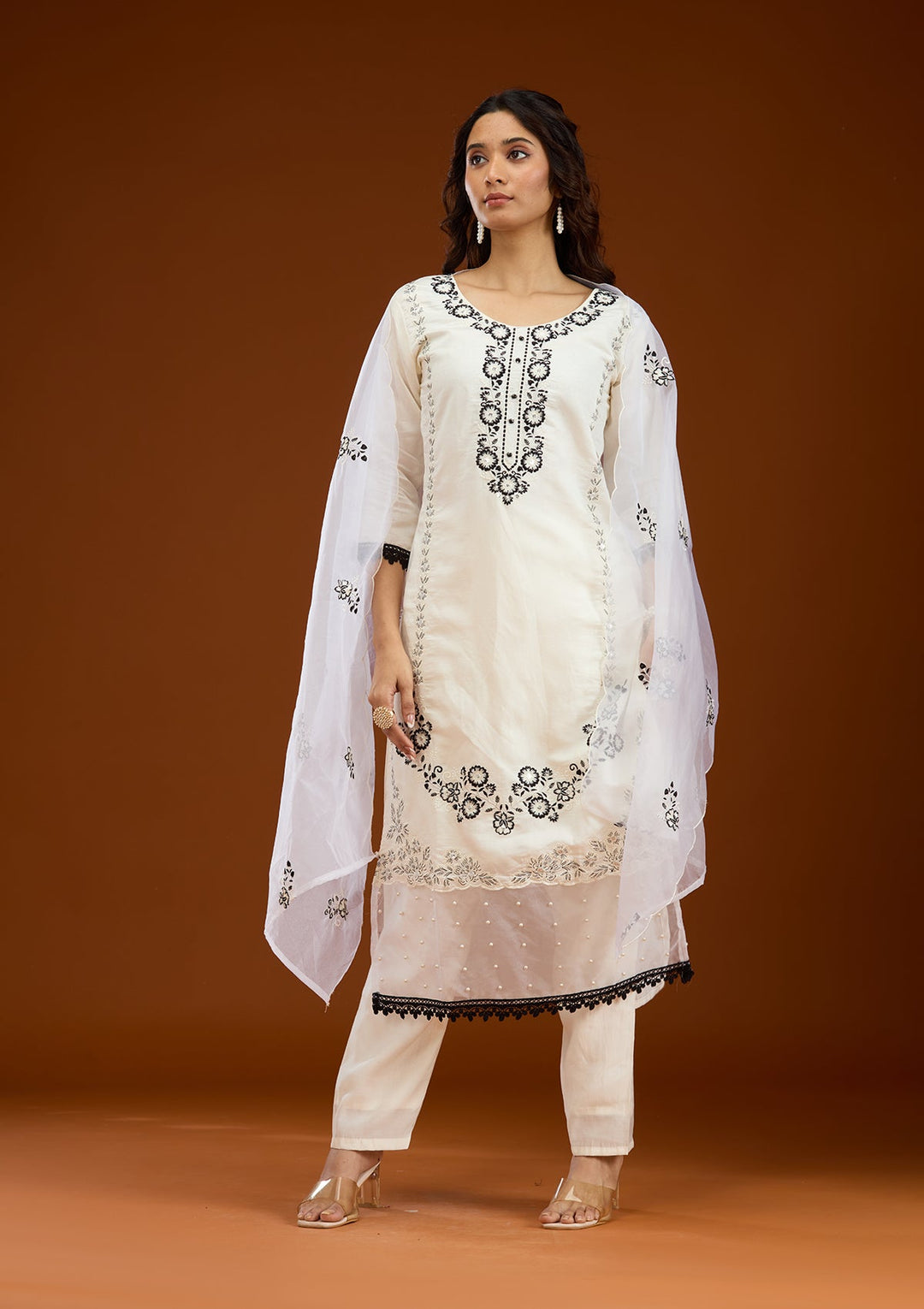 Off White Threadwork Semi Crepe Readymade Salwar Suit-Koskii