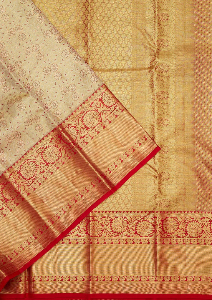 Off White Zariwork Pure Silk Saree-Koskii