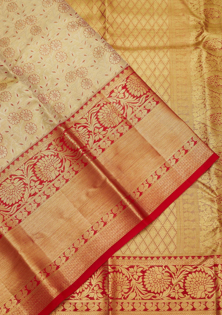 Off White Zariwork Pure Silk Saree-Koskii