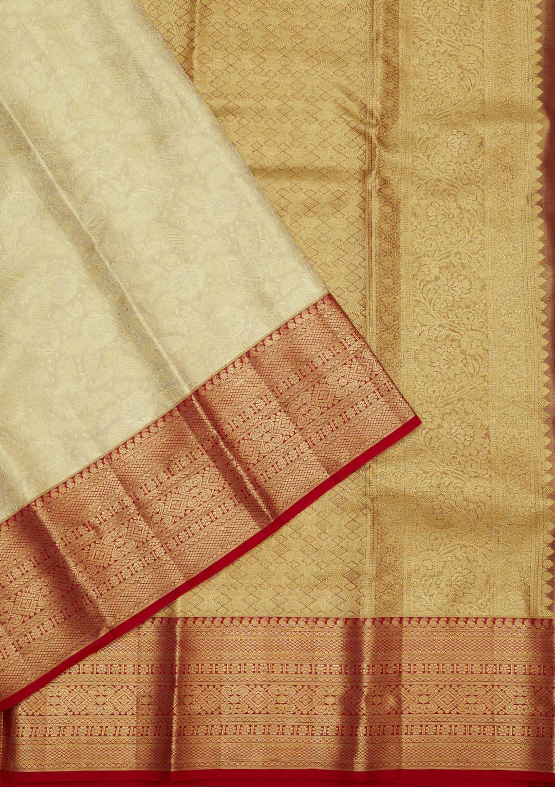 Off White Zariwork Pure Silk Saree-Koskii