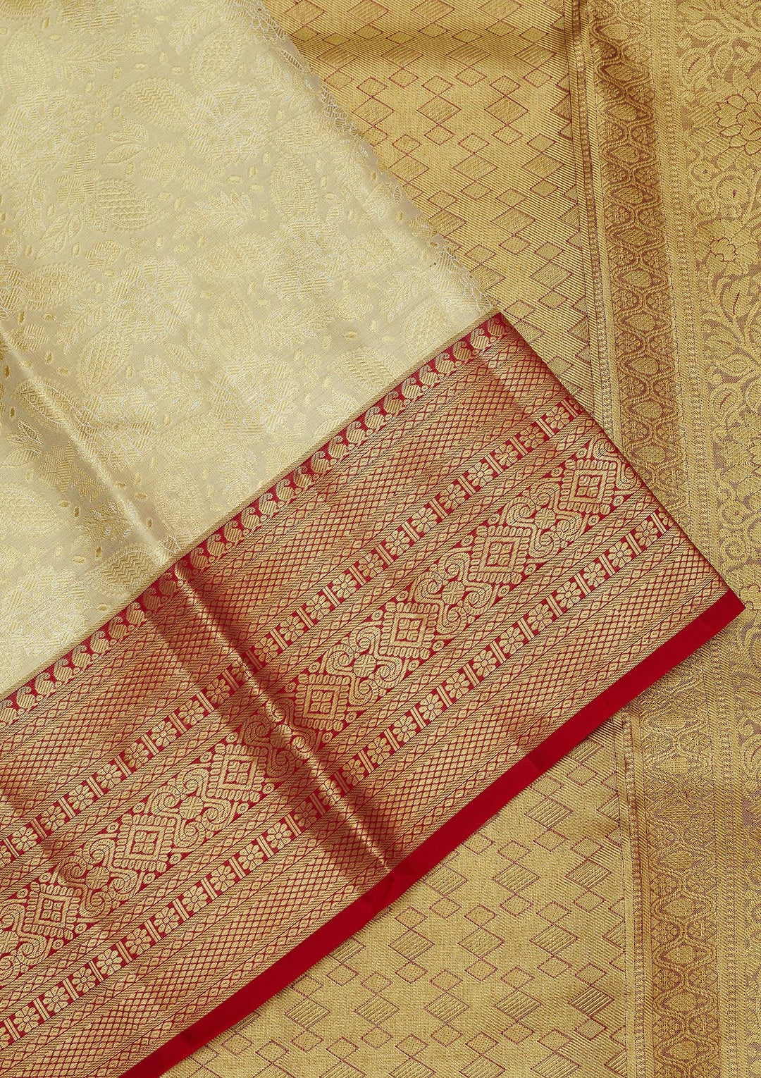 Off White Zariwork Pure Silk Saree-Koskii