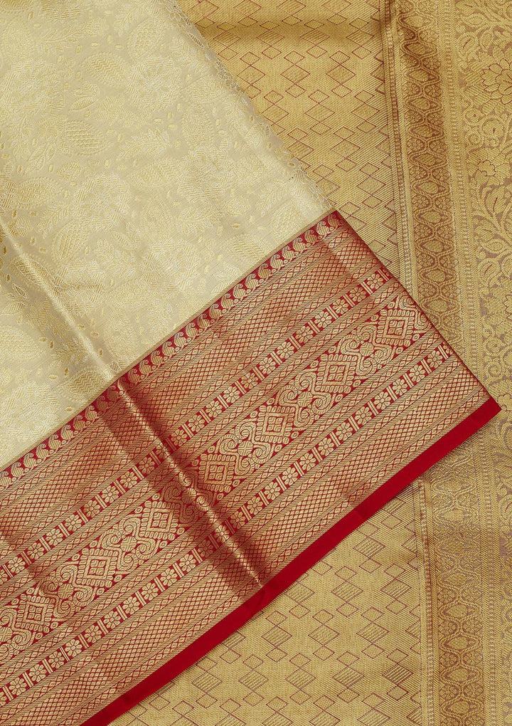 Off White Zariwork Pure Silk Saree-Koskii
