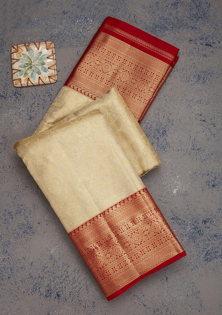 Off White Zariwork Pure Silk Saree-Koskii