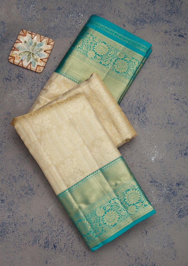 Off White Zariwork Pure Silk Saree-Koskii