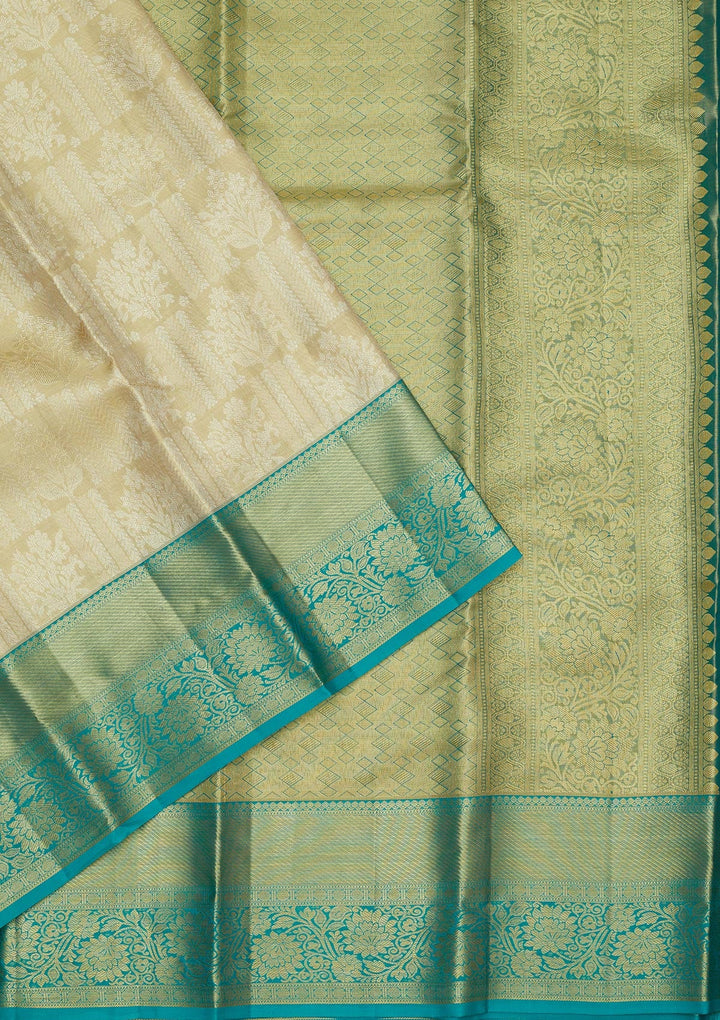 Off White Zariwork Pure Silk Saree-Koskii