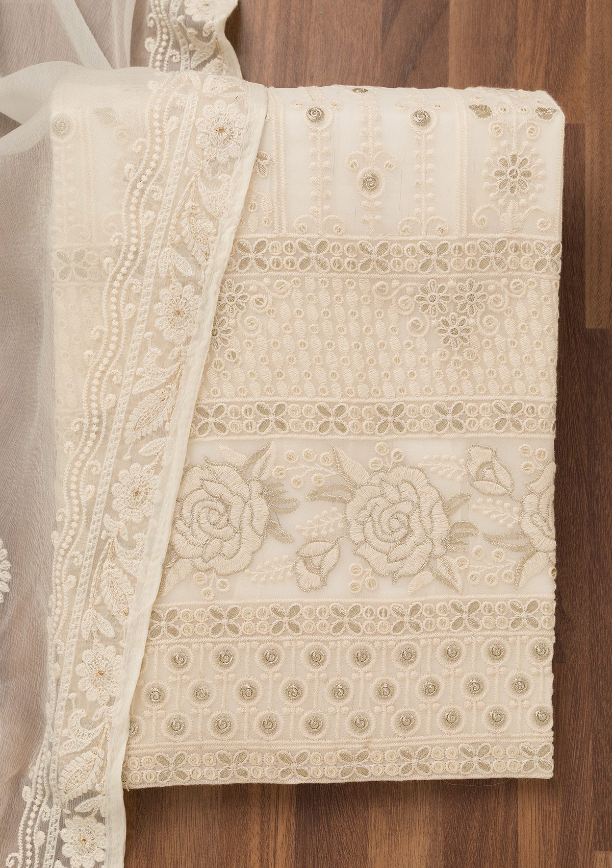 Off White Chikankari Georgette Unstitched Salwar Suit-Koskii