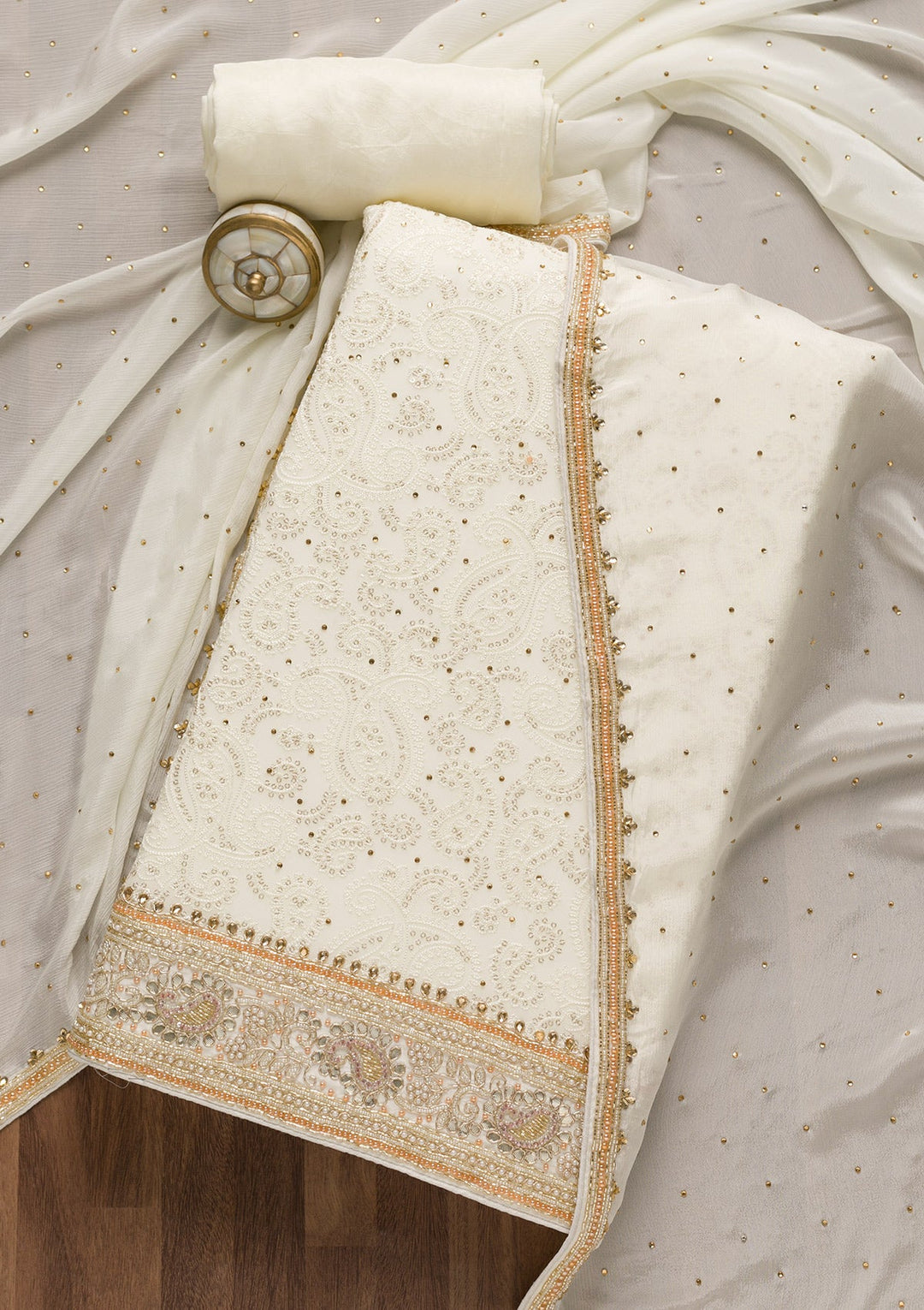 Off White Cutdana Georgette Unstitched Salwar Suit-Koskii