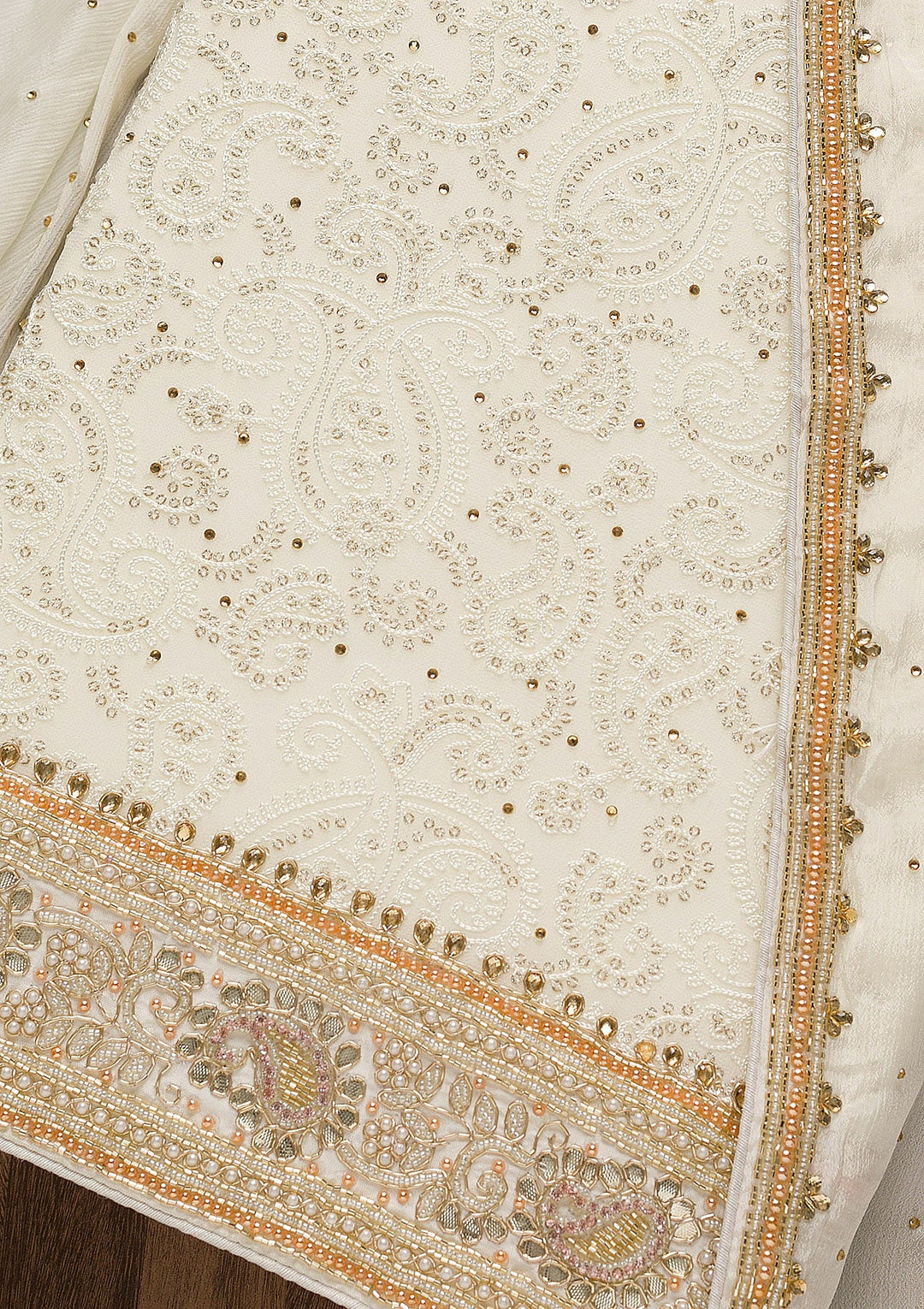 Off White Cutdana Georgette Unstitched Salwar Suit-Koskii