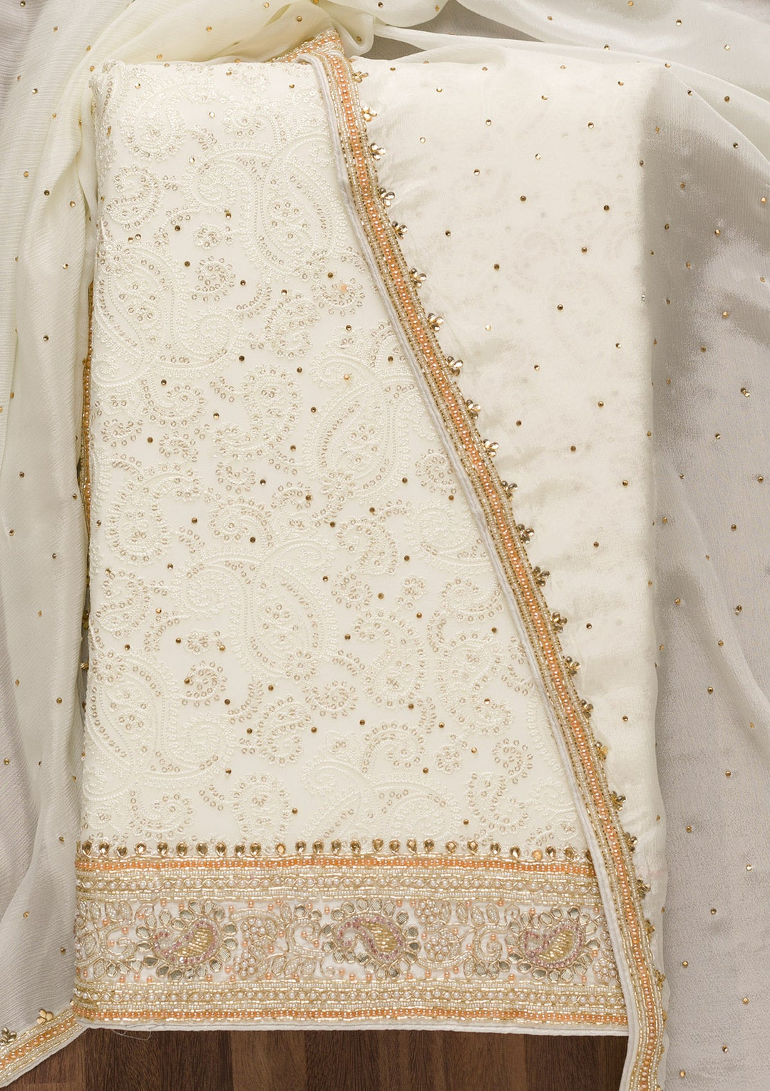 Off White Cutdana Georgette Unstitched Salwar Suit-Koskii