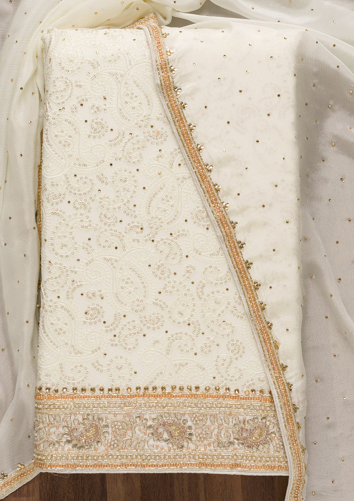 Off White Cutdana Georgette Unstitched Salwar Suit-Koskii