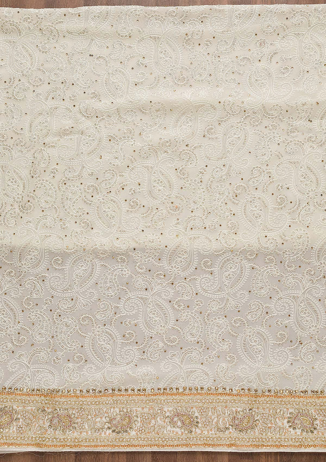 Off White Cutdana Georgette Unstitched Salwar Suit-Koskii