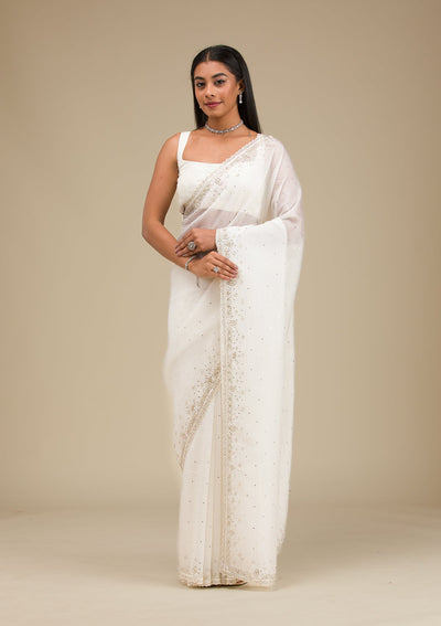 Off White Cutdana Georgette Saree-Koskii