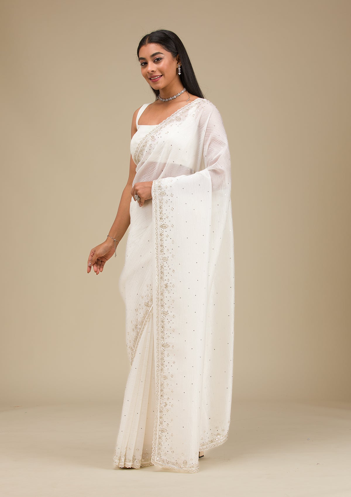 Off White Cutdana Georgette Saree-Koskii