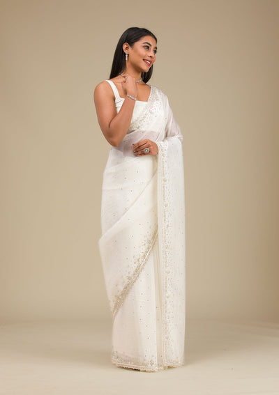 Off White Cutdana Georgette Saree-Koskii