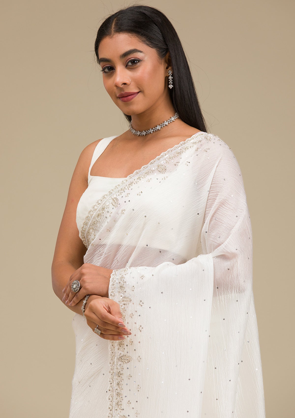 Off White Cutdana Georgette Saree-Koskii