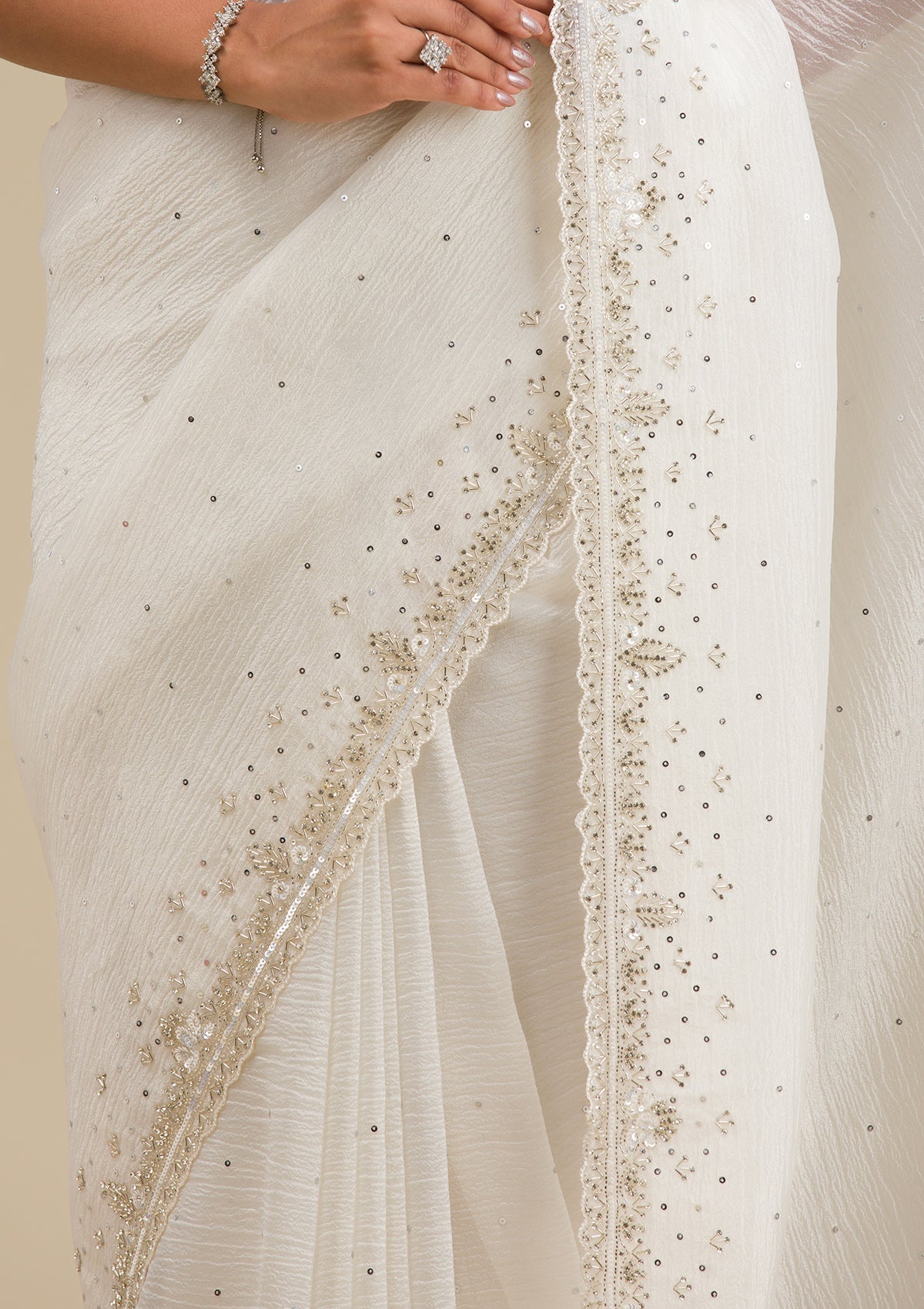 Off White Cutdana Georgette Saree-Koskii