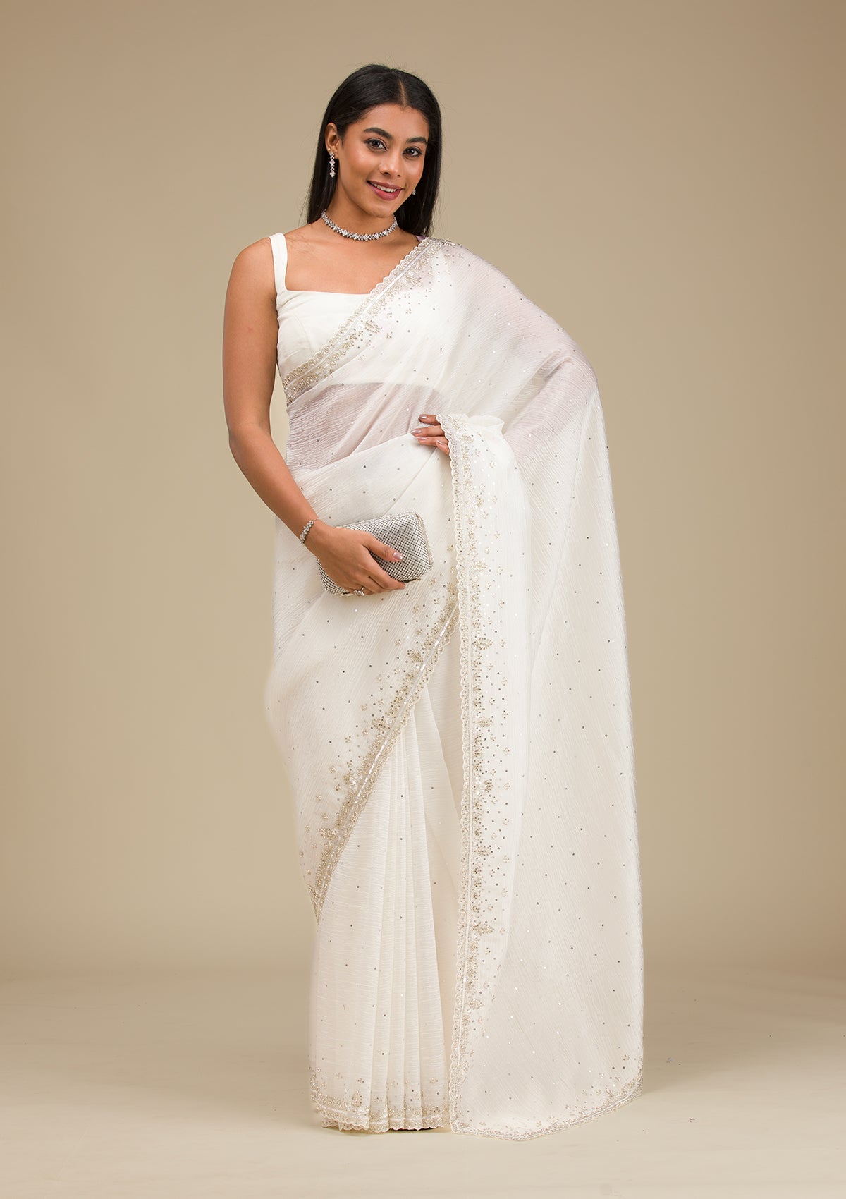 Off White Cutdana Georgette Saree-Koskii