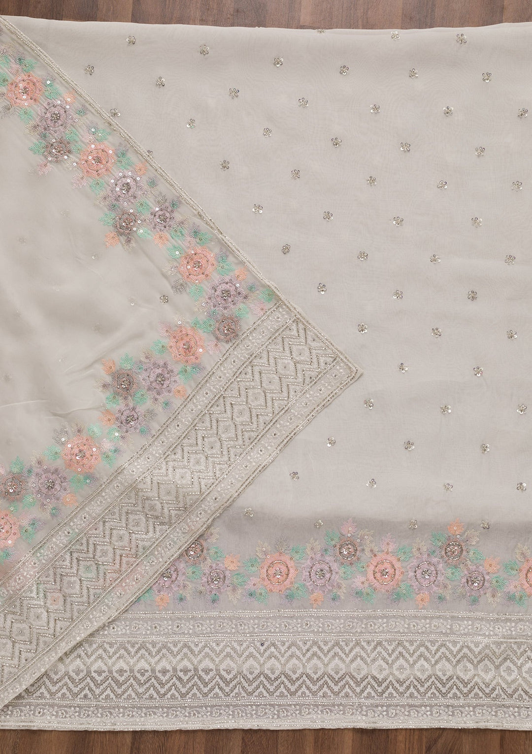 Off White Cutdana Tissue Unstitched Salwar Suit-Koskii