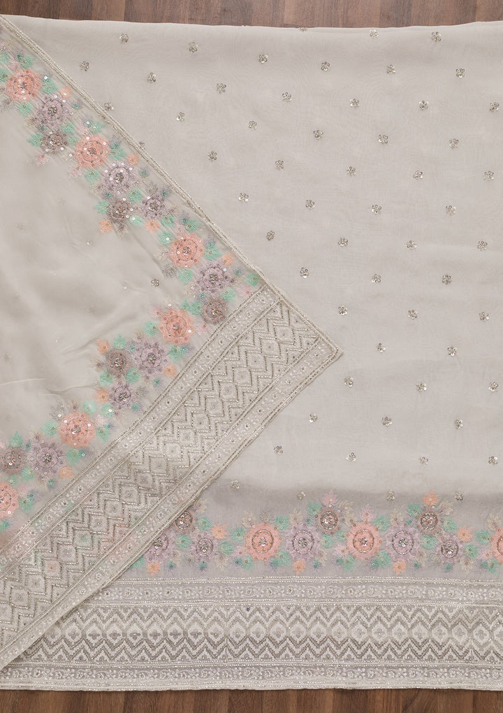 Off White Cutdana Tissue Unstitched Salwar Suit-Koskii