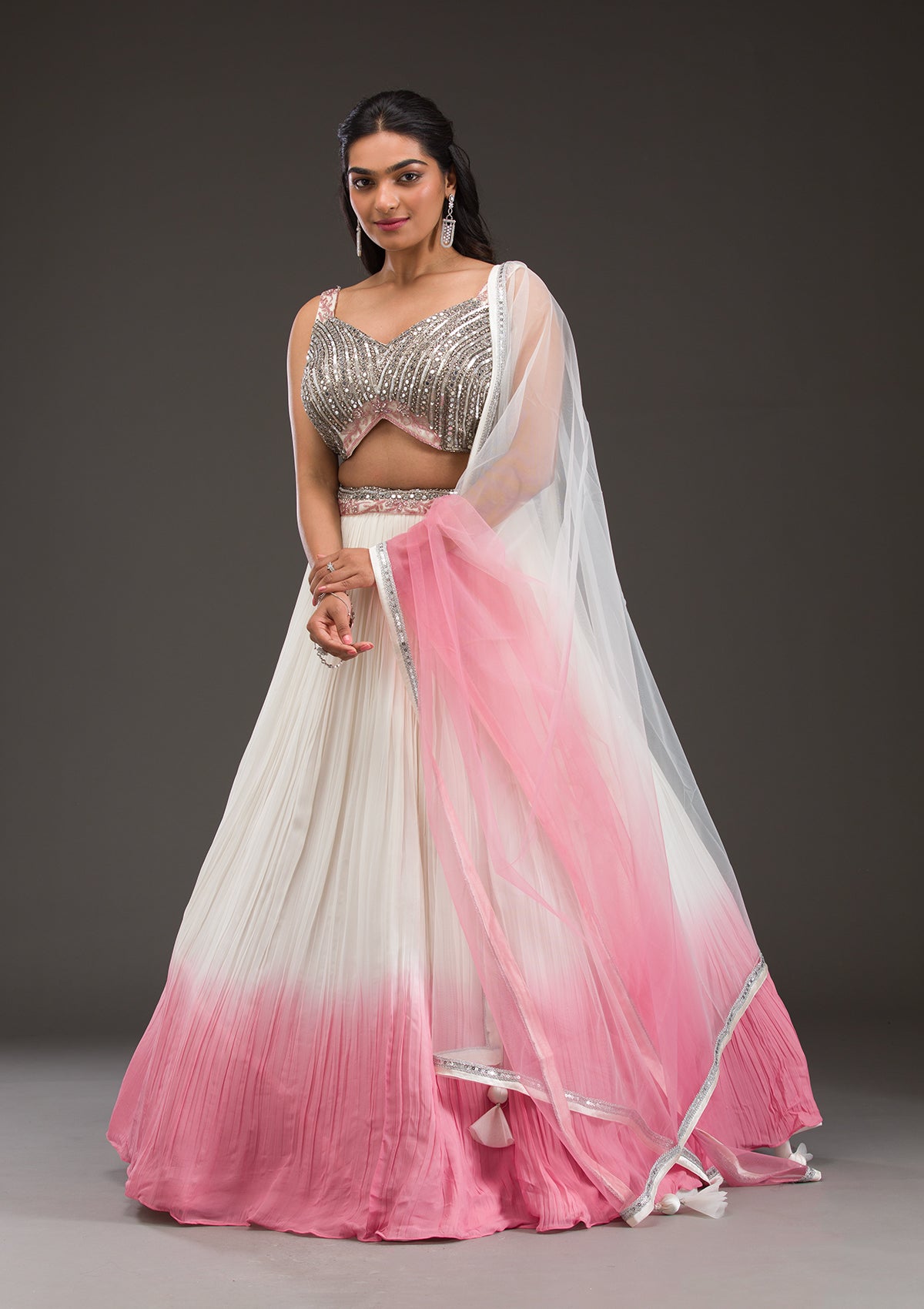 Off White Mirrorwork Georgette Readymade Lehenga