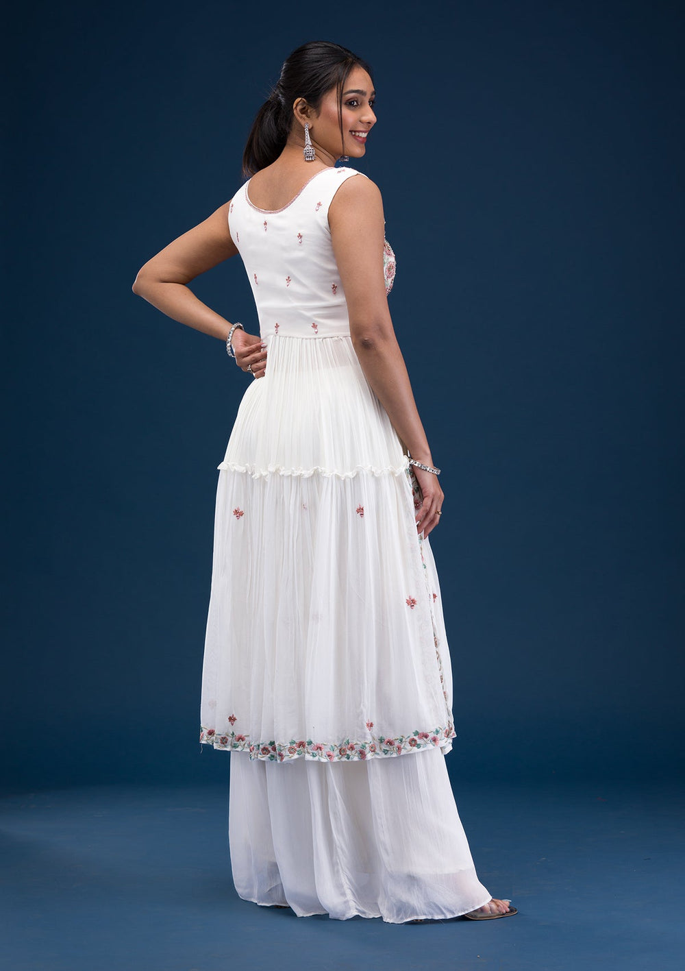 Off White Mirrorwork Georgette Readymade Salwar Suit-Koskii