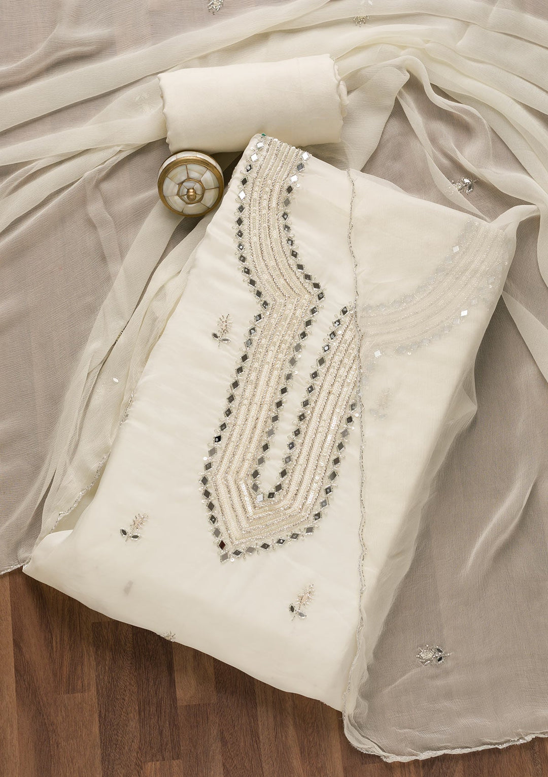 Off White Mirrorwork Tissue Unstitched Salwar Suit-Koskii