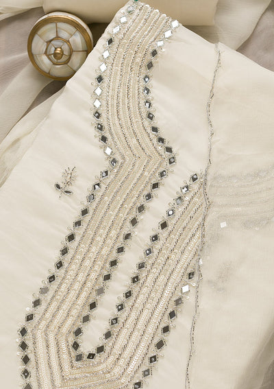 Off White Mirrorwork Tissue Unstitched Salwar Suit-Koskii