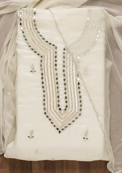 Off White Mirrorwork Tissue Unstitched Salwar Suit-Koskii