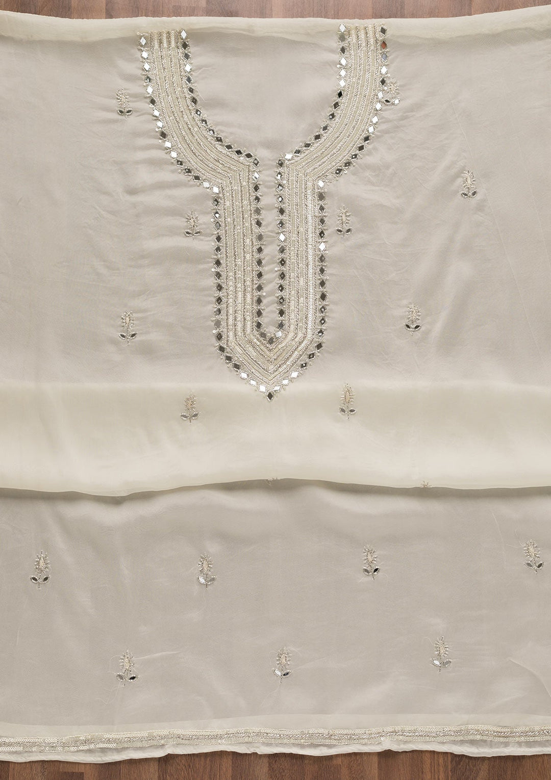 Off White Mirrorwork Tissue Unstitched Salwar Suit-Koskii