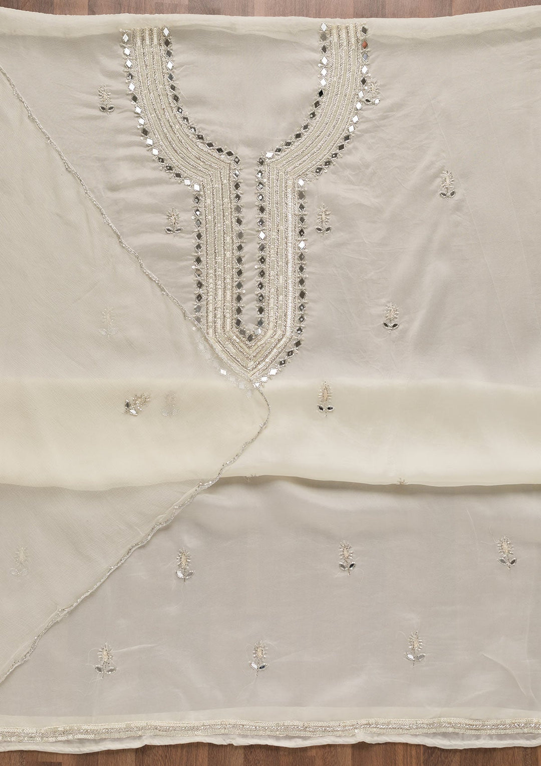 Off White Mirrorwork Tissue Unstitched Salwar Suit-Koskii