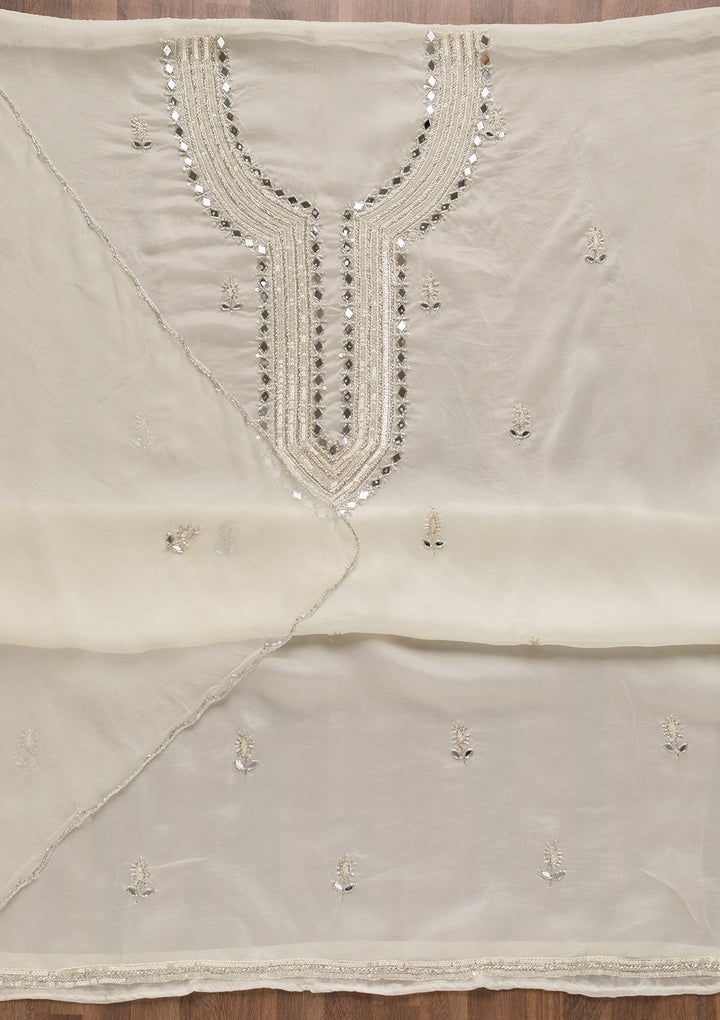 Off White Mirrorwork Tissue Unstitched Salwar Suit-Koskii
