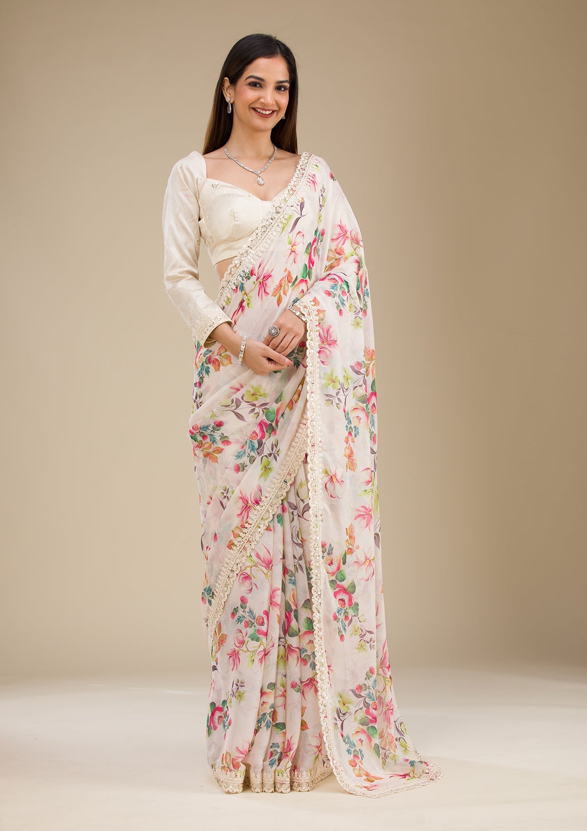 Off White Printed Georgette Saree-Koskii