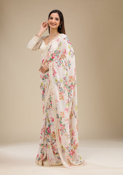 Off White Printed Georgette Saree-Koskii