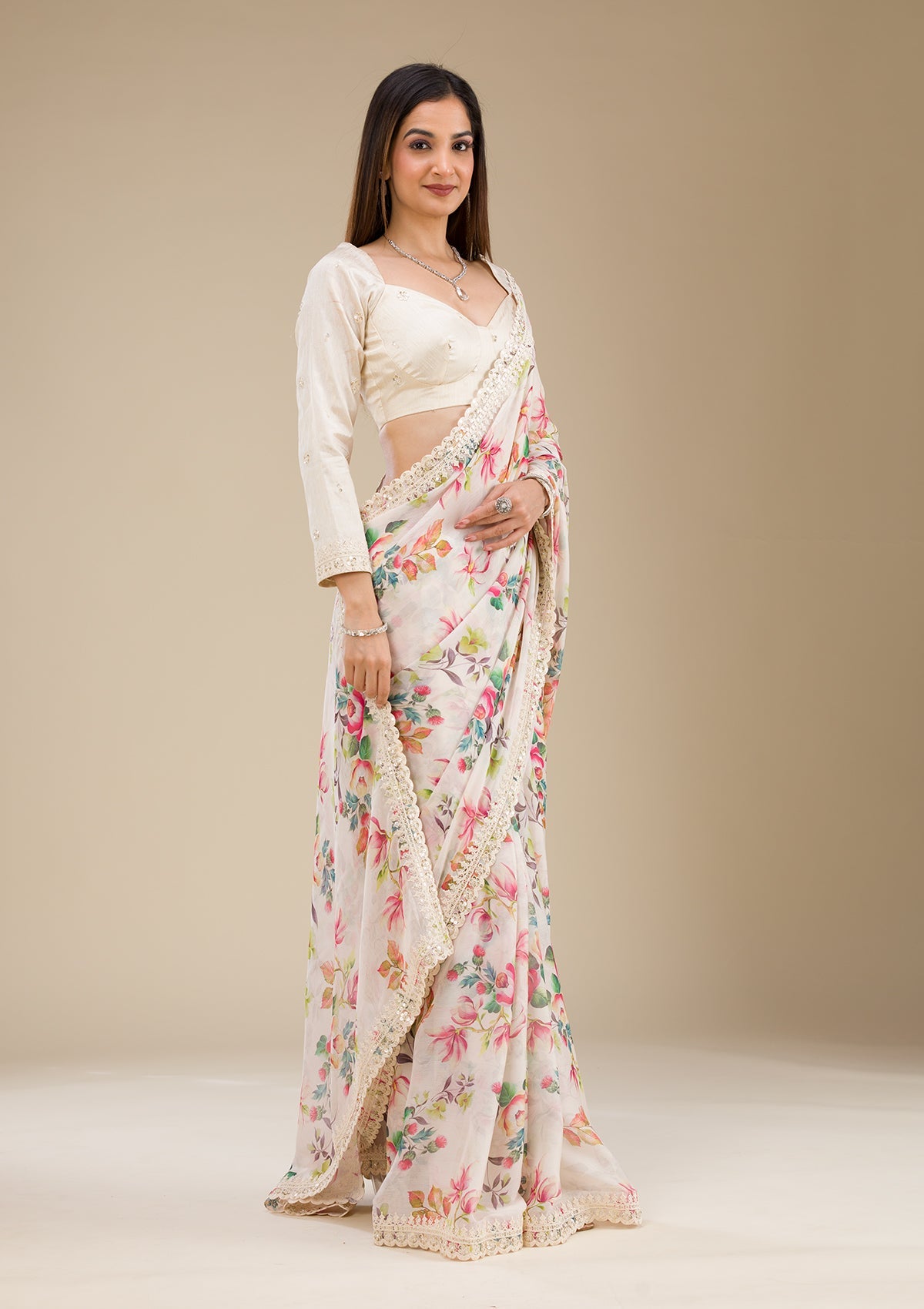 Off White Printed Georgette Saree-Koskii