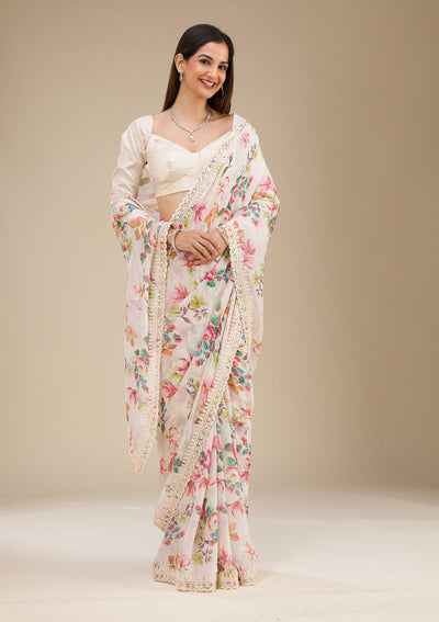 Off White Printed Georgette Saree-Koskii