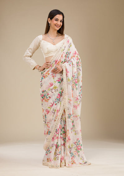 Off White Printed Georgette Saree-Koskii