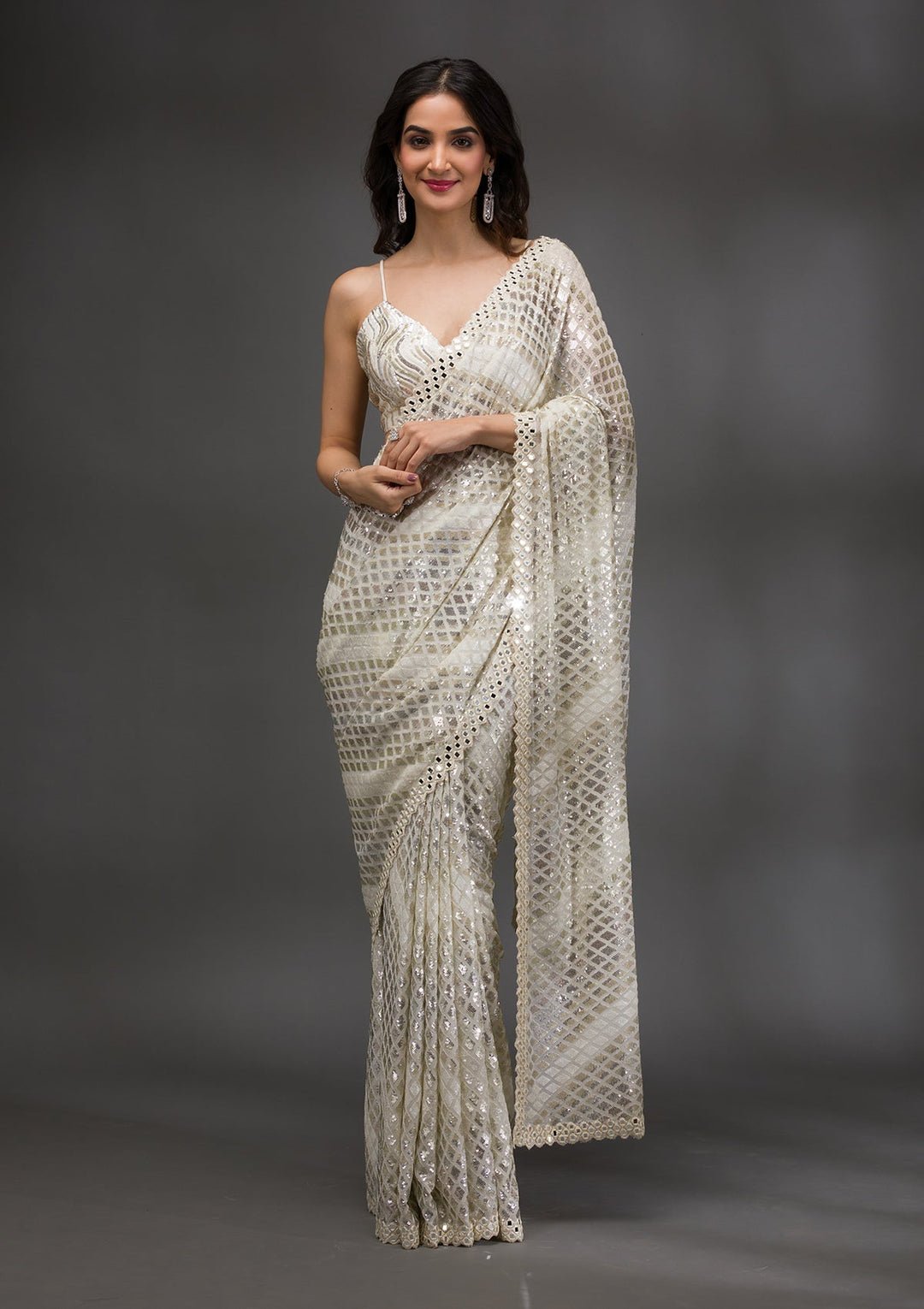 Off White Sequins Georgette Saree-Koskii