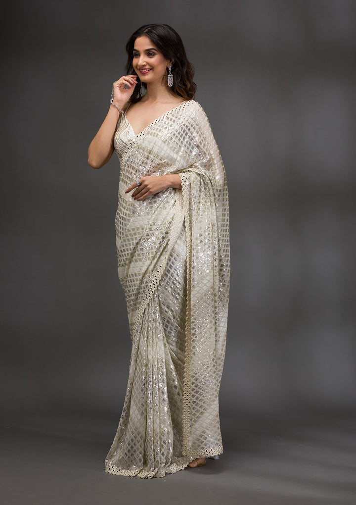 Off White Sequins Georgette Saree-Koskii