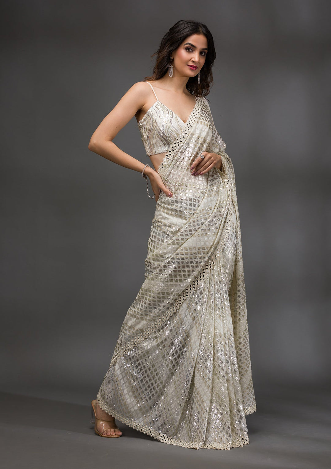 Off White Sequins Georgette Saree-Koskii