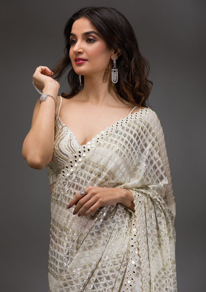 Off White Sequins Georgette Saree-Koskii