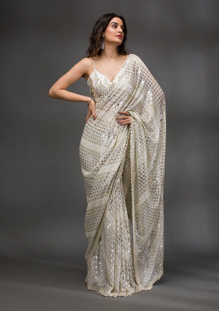 Off White Sequins Georgette Saree-Koskii
