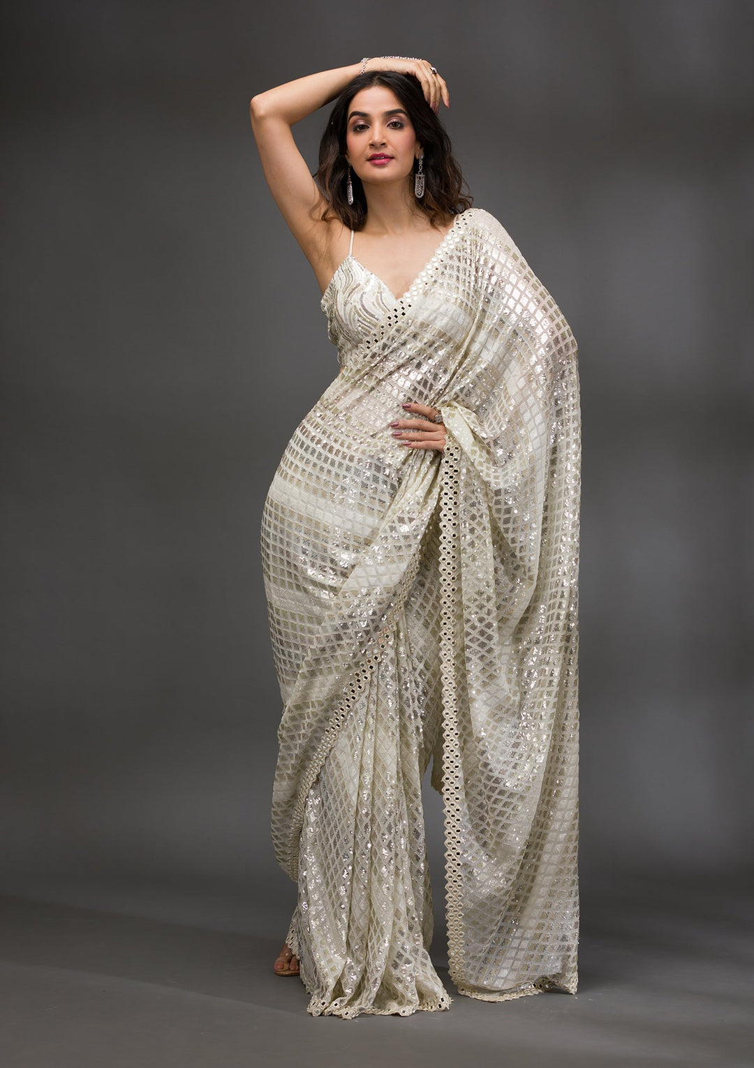 Off White Sequins Georgette Saree-Koskii